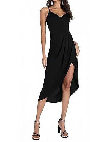 Lulus V-Neck Spaghetti Strap Pleated Faux Wrap Reinette Midi Dress in Black (view 2)