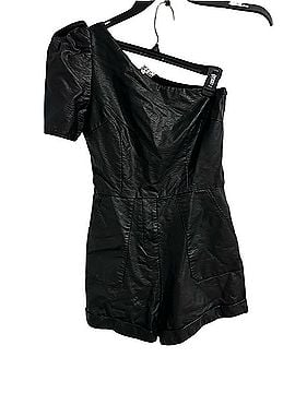 TCEC Black One-Shoulder Faux Leather Romper with Puff Sleeve Romper (view 2)