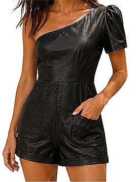 TCEC Black One-Shoulder Faux Leather Romper with Puff Sleeve Romper (view 1)