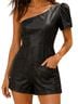 TCEC Black One-Shoulder Faux Leather Romper with Puff Sleeve Romper - photo 1