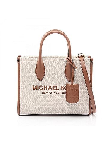Michael Kors Michael Kors MIRELLA S MK Signature Handbag, Coated Canvas Leather, Women's, White/Brown, 35F2G7ZC5B (view 1)