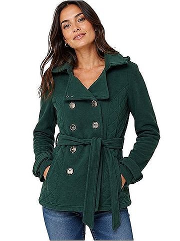Bongo Dark Green Double-Breasted Quilted Belted Pea Coat Coat (view 1)