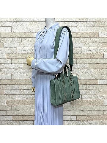 Chloé Chloé Chloe Small Tote Bag Woody Shoulder Cotton CHC23AS397L 123E8 Green Women's 2-way (view 2)