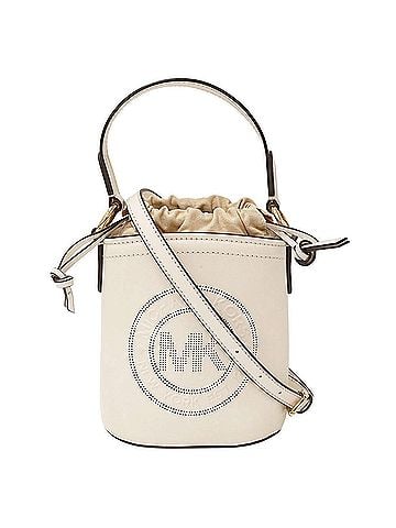 Michael Kors Michael Kors handbag for women. A stylish 2-way handbag/shoulder bag made of leather and canvas. Small bucket in ivory/beige. Features a drawstring closure logo. (Item number 35T1GUWC5I) (view 1)