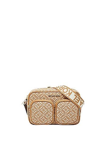 Michael Kors Michael Kors JET SET ITEM Logo Jacquard with Attached Medium Shoulder Bag, Brown Canvas Leather, Women's. (view 1)