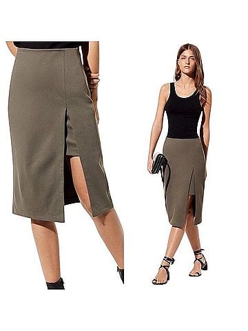 Babaton Olive Green Front-Slit Midi Skirt Casual Skirt (view 1)