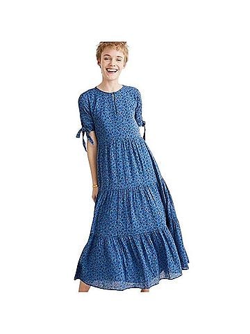 Madewell blue calico floral tie-sleeve tiered midi dress Casual Dress (view 1)