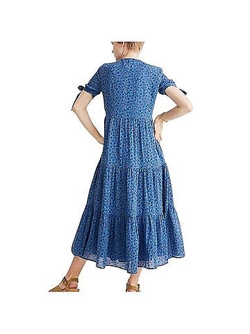 Madewell blue calico floral tie-sleeve tiered midi dress Casual Dress (view 2)