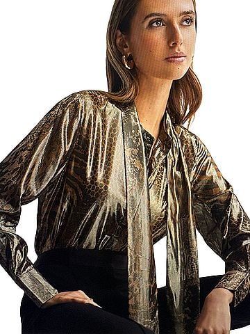 Reiss Reiss Kendall Metallic Animal Print Tie Neck Blouse in Gold Long Sleeve Blouse (view 1)