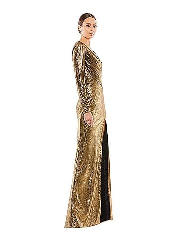 IEENA for Mac Duggal Ieena For Mac Duggal Gold Metallic Long Sleeve Asymmetrical Ruched Gown Sz 0 NWT Cocktail Dress (view 2)
