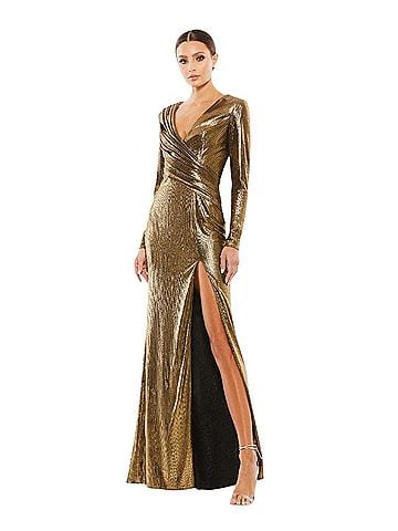IEENA for Mac Duggal Ieena For Mac Duggal Gold Metallic Long Sleeve Asymmetrical Ruched Gown Sz 0 NWT Cocktail Dress (view 1)