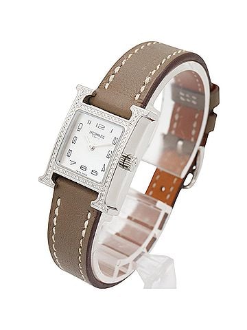 Hermès Hermes H-Watch Mini Diamond Bezel Wristwatch, Stainless Steel, Leather Strap, Diamond, Ladies, White/White Shell, HH1.131 (view 2)