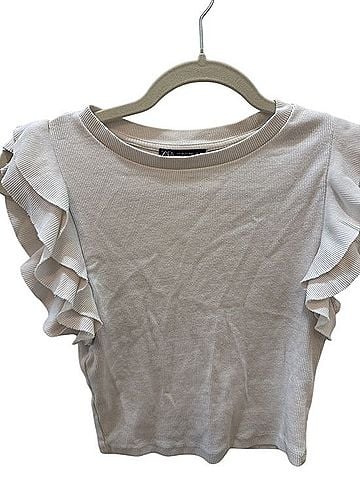 Zara Cream Ruffle Sleeve Ribbed Tee Short Sleeve T-Shirt (view 1)