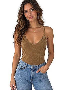 rue21 Tan Suede-Look V-Neck Cami Bodysuit Tank Top (view 1)