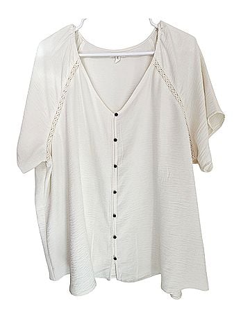 Maurices Button-Front V-Neck Blouse with Lace Insets Short Sleeve T-Shirt (view 1)