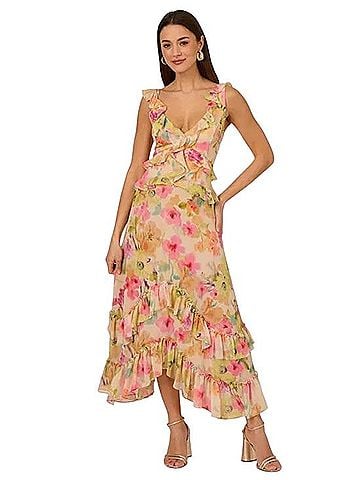 Adrianna Papell Pink Multi Floral Ruffle Midi Dress Casual Dress (view 1)