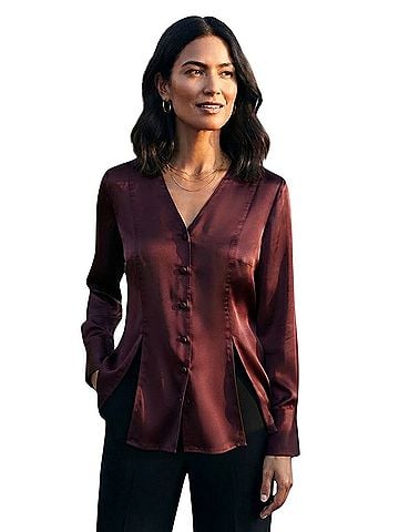 Banana Republic V Neck Satin Jacket Like Long Sleeve Button-Down Shirt (view 1)