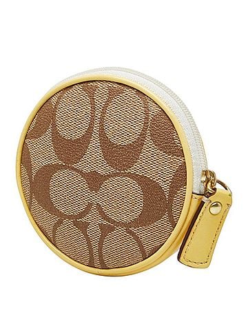 Coach Coach Signature Circular Wallet/Coin Purse, Beige, White, Yellow Leather, Women's COACH (view 2)