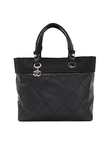 Chanel Chanel Paris Biarritz GM Tote Handbag, Nylon and Leather, Black, A34210, Silver Hardware. (view 1)