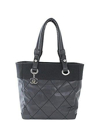 Chanel CHANEL Paris Biarritz Tote PM Black PVC Nylon Leather Bag Coco Mark A34208 T6222 (view 1)