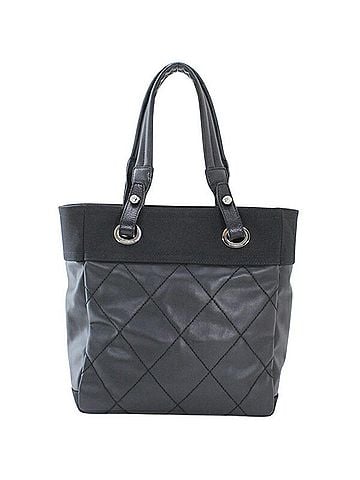 Chanel CHANEL Paris Biarritz Tote PM Black PVC Nylon Leather Bag Coco Mark A34208 T6222 (view 2)