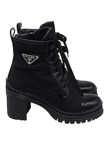 Prada Prada Re-Nylon Metal Triangle Lace Up Ankle Boots in Black Leather (view 1)