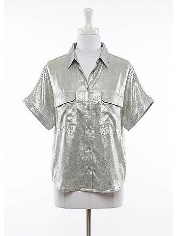 Vine & Love Ella Button Front Short Sleeve Camp Shirt in Metallic (view 1)