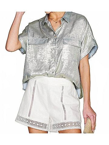 Vine & Love Ella Button Front Short Sleeve Camp Shirt in Metallic (view 2)