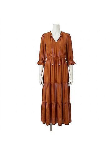 Skies Are Blue Long Sleeve Split Neck Ruffle Tiered Maxi Dress in Toffee (view 1)
