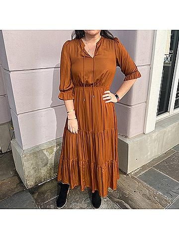 Skies Are Blue Long Sleeve Split Neck Ruffle Tiered Maxi Dress in Toffee (view 2)