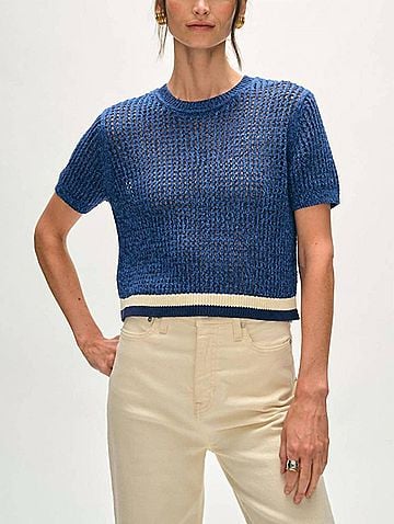 White + Warren Organic Cotton Mesh T-Shirt in Blue Marl (view 2)