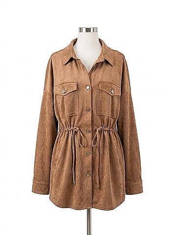 Cotton Bleu Faux Suede Button Down Front Shirt Jacket in Brown (view 1)