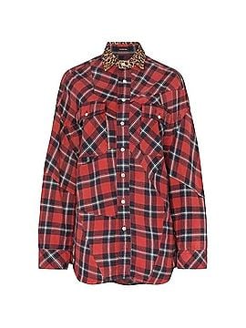 R13 Patched Red Plaid Flannel Shirt Long Sleeve Button-Down Shirt (view 1)