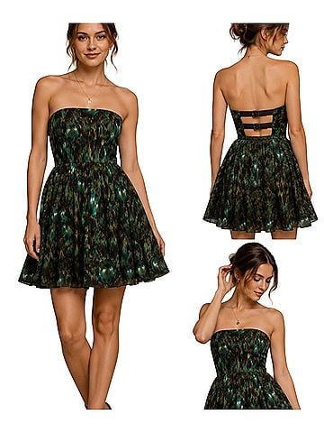 Alice + Olivia Alice + Olivia Silk Strapless Green Abstract Print Mini Dress Sz 4 Cocktail Dress (view 1)