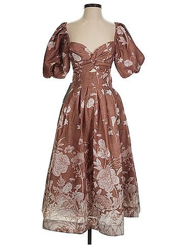Anthropologie Mauve-Brown Floral Puff-Sleeve Midi Dress Casual Dress (view 1)