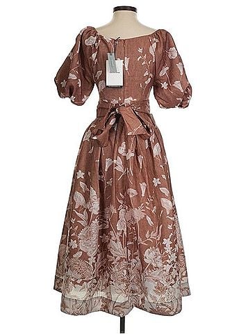 Anthropologie Mauve-Brown Floral Puff-Sleeve Midi Dress Casual Dress (view 2)