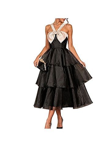 Lulus Black Organza Tiered Midi With Cream Bow Cocktail Dress (view 1)