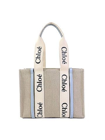 Chloé Chloé Chloe Woody Tote Bag, Medium, Canvas and Leather, Beige/Light Blue, Women's, h32437k (view 1)
