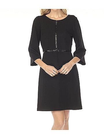 Joseph Ribkoff Faux Leather Trim Three Quarter Sleeve Mini Dress in Black (view 2)