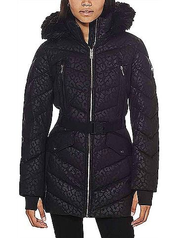 Michael Kors Logo Leopard Belted Hooded Down Puffer Coat in Black (view 2)