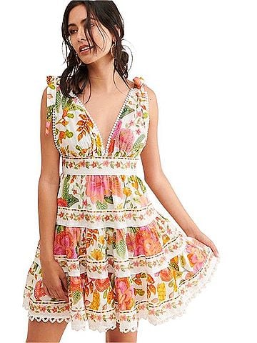 FARM Rio Coral &amp; Green Tie-Shoulder Mini Dress Casual Dress (view 1)