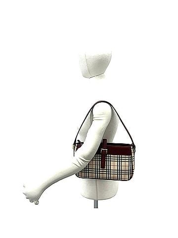 Burberry BURBERRY Nova Check pattern canvas and leather semi-one shoulder bag/handbag in beige burgundy (64941) (view 2)