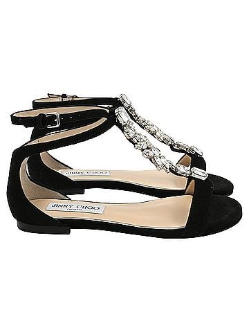 Jimmy Choo Jimmy Choo Averie Embellished T-Strap Sandals in Black Suede (view 1)