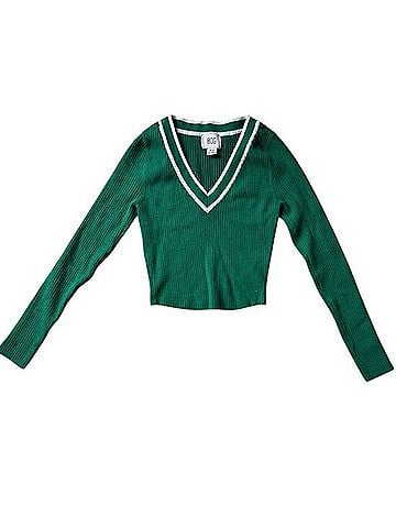 BDG Green V-Neck Ribbed Sweater with White Trim Long Sleeve Top (view 1)
