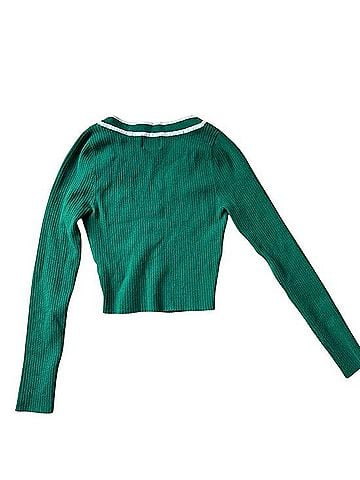 BDG Green V-Neck Ribbed Sweater with White Trim Long Sleeve Top (view 2)