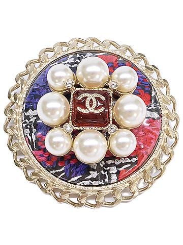 Chanel CHANEL A15S Gripoix Pearl Tweed Coco Mark Round Brooch Champagne Gold Women's (view 1)
