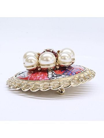 Chanel CHANEL A15S Gripoix Pearl Tweed Coco Mark Round Brooch Champagne Gold Women's (view 2)
