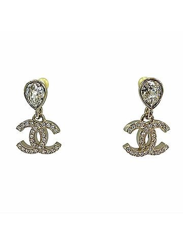 Chanel CHANEL I25A Coco Mark Crystal Bijou Teardrop Earrings, Gold, Made in Italy, Women's (view 1)