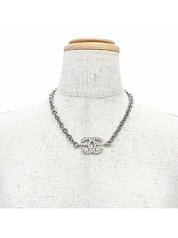 Chanel CHANEL B25C ABE839 Coco Mark Rhinestone Chain Necklace, Silver, Made in Italy, Women's Accessory (view 2)