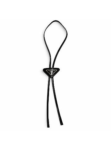 Prada PRADA patent leather triangle plate bolo tie loop necklace, black with silver hardware, for men. (view 1)